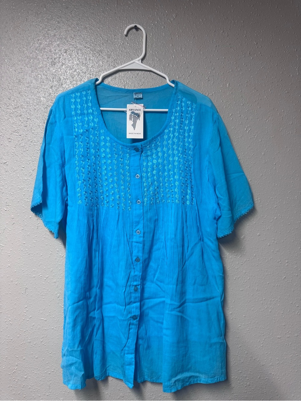 Advance Apparels Turquoise Blue Embroidered Button-Front Blouse